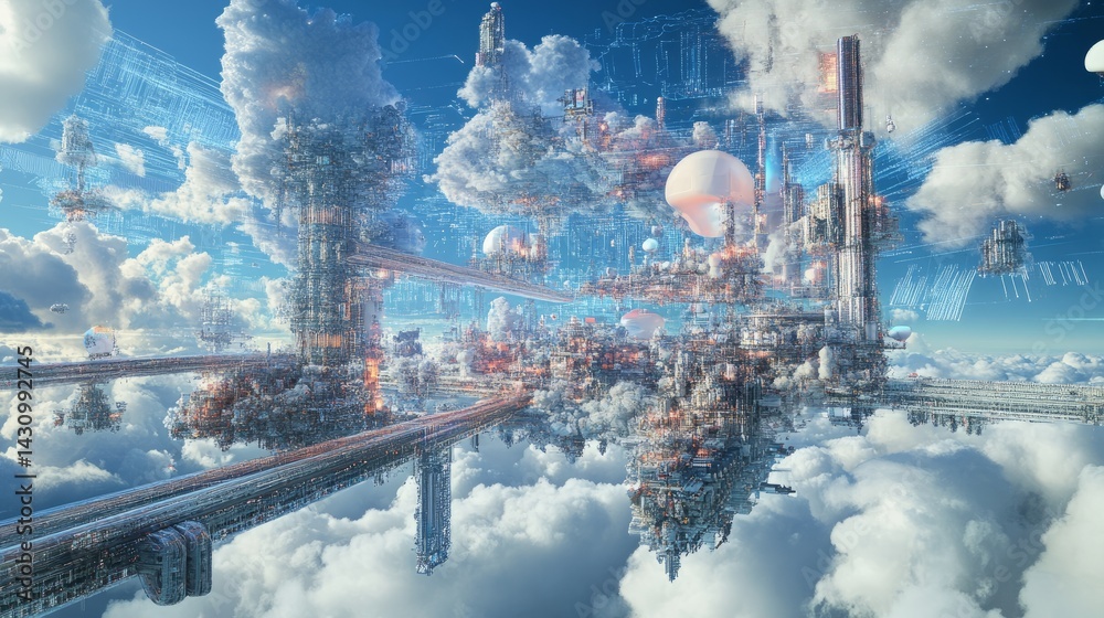 Poster conceptual digital landscape showing massive data pipelines flowing through cloud infrastructure and