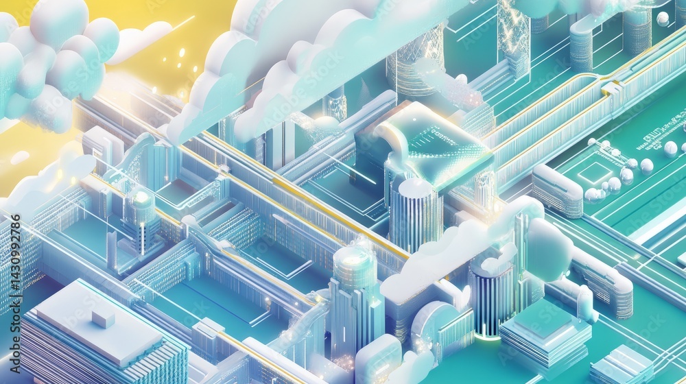 Poster conceptual digital landscape showing massive data pipelines flowing through cloud infrastructure and