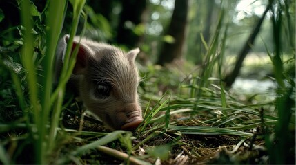 Piglet exploring green grass natural habitat realistic photograph lush environment close-up view adventure