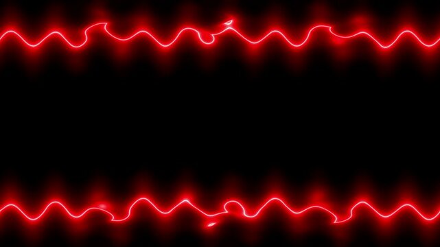 Neon appearing and disappearing glowing wavy red perpendicular horizontal long lines frame on black background. Small patterns, ruffles. Space for your own content.