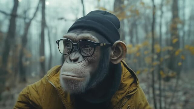 Close up portrait of a chimp wearing a beanie and glasses in the woods. Human like chimpanzee with spectacles and hat in the park animated stock video.