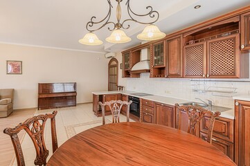 interior apartment kitchen and dining room, refectory area, cooking equipment, table furniture, stove