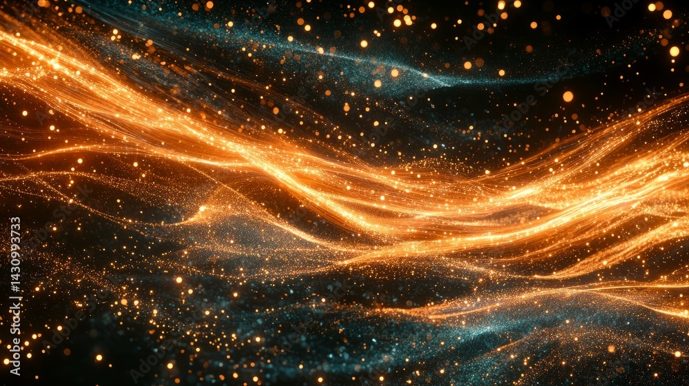 Poster glowing particles arranged in dynamic waves across a digital space, suggesting ai data flow and comm