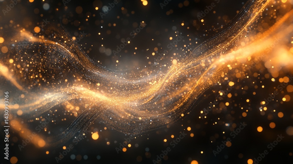 Poster glowing particles arranged in dynamic waves across a digital space, suggesting ai data flow and comm