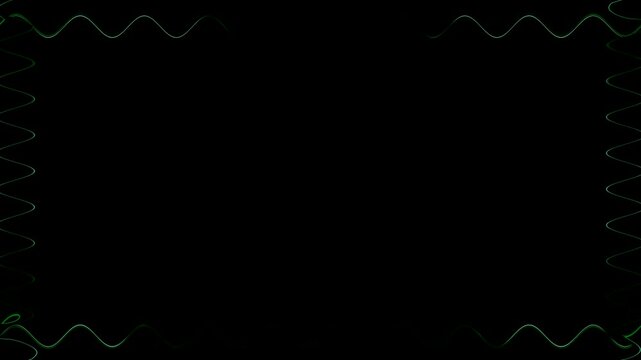 Wavy rectangular colorful neon glowing green celadon square frame, rectangular frame, horizontal frame on black background. Blank space for your own content in the middle.
