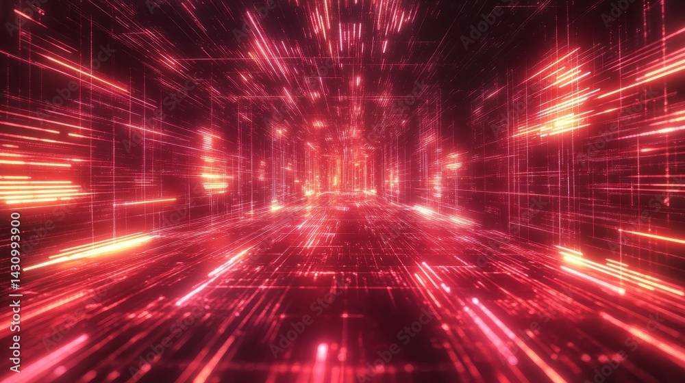 Poster High-tech 3D rendering of moving particle streams forming data waves in a glowing digital grid