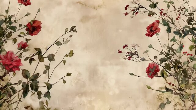 Vintage faded floral frame with red rose and poppy flowers. Retro design with antique texture. Flourish border for holiday invitation video.