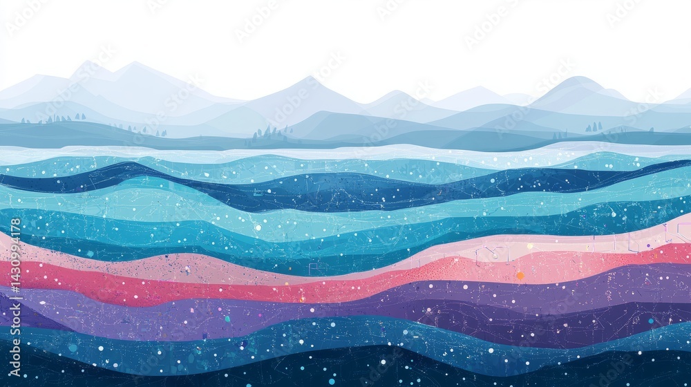 Poster Illustration of a data lake concept, with layers of structured and unstructured data flowing into analytics platforms