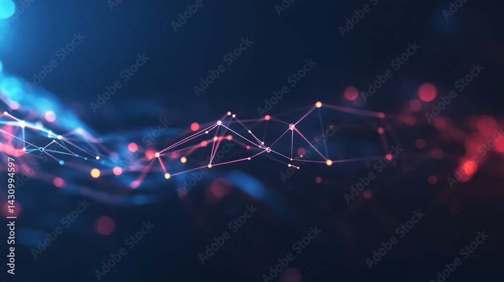 Poster neural network structure glowing in a dark tech background, data points flowing through synapse-like