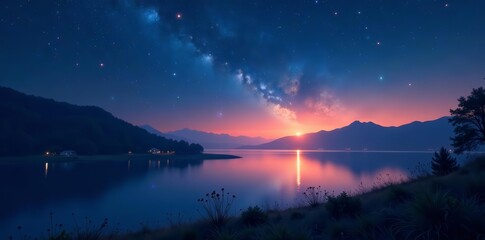 Obraz premium Serene nocturnal view with shimmering stars and twinkling bokeh lights, abstract, night sky