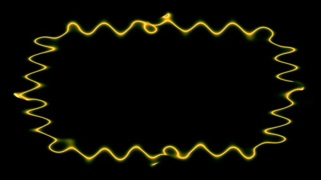 Emerging wavy yellow, gold vertical, rectangular neon wavy closed lines forming a frame. In the middle there is a black field for your own content.