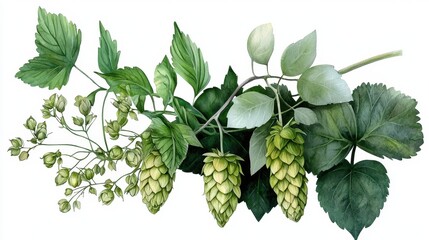 Detailed watercolor hop illustration, great for natural labels and beer packaging