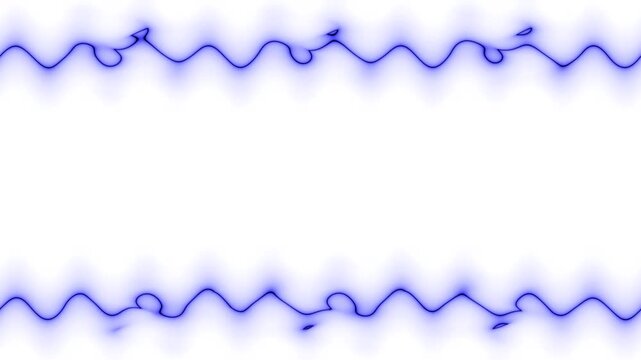 Neon fading and fading glowing wavy blue, burgundy, perpendicular horizontal long lines frame on white background. Small patterns, ruffles. Space for your own content.