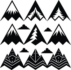 Obraz premium A vector set of Christmas tree icons depicts a winter holiday forest landscape with snowy mountain symbols for festive design and decoration