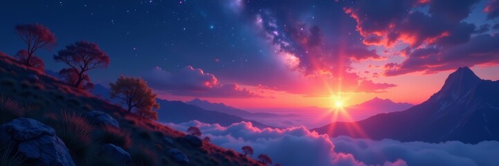 Naklejka premium Serene twilight with starry sky merging into morning sunrise, space galaxy theme, stars, sunrise