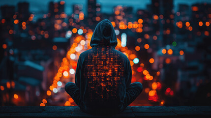 Hacker silhouette facing AI firewall with glowing matrix background in urban landscape at night