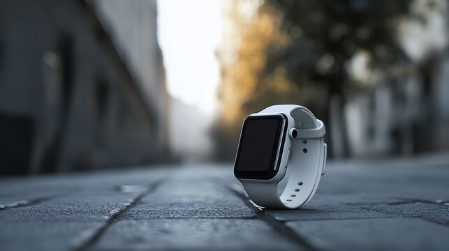 Smartwatch resting on a cobblestone city street, blurring background details