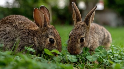 Fototapeta premium Rabbits nibbling on clover garden realistic photograph lush environment close-up view midjourney khris