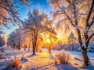 Naklejka premium Serene Winter Wonderland: Icy Forest Trees at Sunrise - High-Resolution Stock Photo
