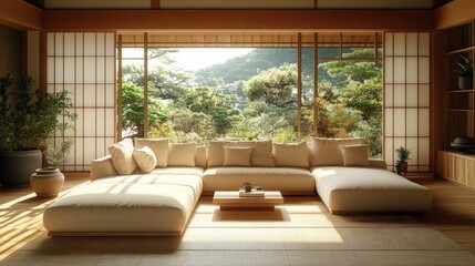 Japanese Living Room, Mountain View, Sunlight