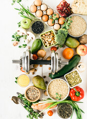 Sports dietary nutrition for athletes. Top view.