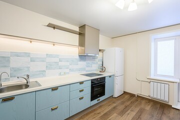 interior apartment kitchen and dining room, refectory area, cooking equipment, table furniture, stove