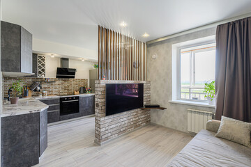 interior apartment kitchen and dining room, refectory area, cooking equipment, table furniture, stove