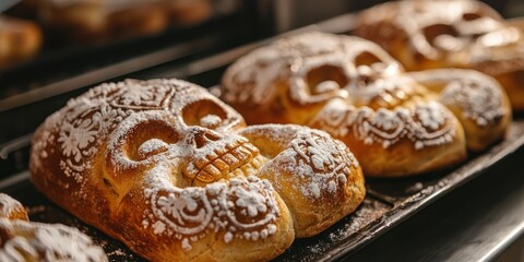 A freshly baked pan de muerto, decorated with sugar and shaped like skulls, ready for Day of the Dead celebrations