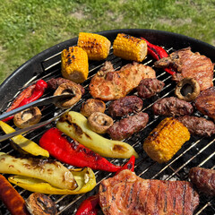 Grilled meats and vegetables on a barbecue, summer cookout, outdoor party, Fourth of July, food...