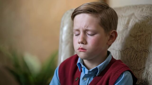 Little boy sneezing or coughing into tissue at home as cold or flu symptoms. Suffering from allergies and respiratory virus health care concept video for sickness awareness.