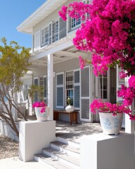 South African coastal home with painted shutters, blooming bougainvillea and veranda shade