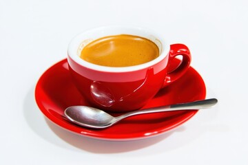 Red espresso cup filled of rich strong coffee. Freshly poured espresso mug, saucer, little spoon isolated on white. Soft shadow. Space for text. Tasty coffee with foam in cup. Aromatic morning drink