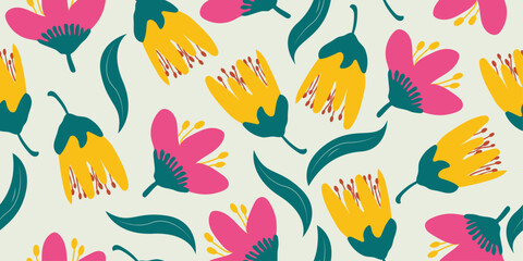 Hand drawn flowers of simple blossoms, floral seamless with flowers for fabric, textile, apparel, poster, cover, banner, wall art, background. Vector illustration.