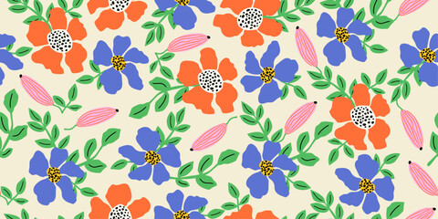Hand drawn florals of tropical flowers, floral seamless pattern with flowers for fabric, textile, apparel, poster, cover, banner, wall art, background. Vector illustration.