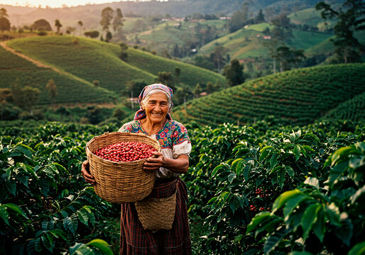 Mujer sonriente recogiendo caf&eacute;