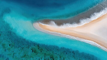 Tropical lagoon with narrow sandbar dividing two shades of ocean, vivid top down composition