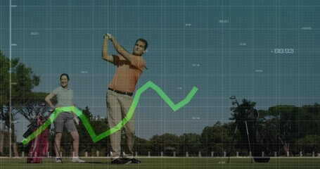 male golfer swinging club as woman golfer watching sports analytics line graph on golf course - Powered by Adobe