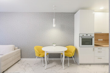 interior apartment kitchen and dining room, refectory area, cooking equipment, table furniture, stove