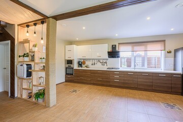 interior apartment kitchen and dining room, refectory area, cooking equipment, table furniture, stove