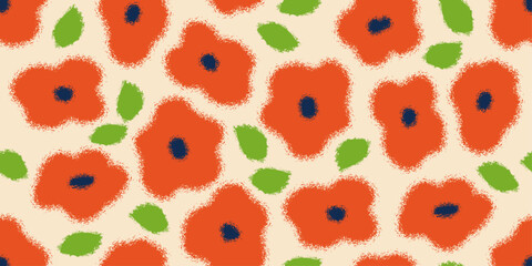 Simple florals with grainy hand drawn flowers, seamless floral pattern with flowers for fabric, textile, apparel, poster, cover, banner, wall art, background. Vector illustration.