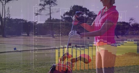 Senior woman placing golf club into bag on golf fairway, displaying sports analytics overlays - Powered by Adobe