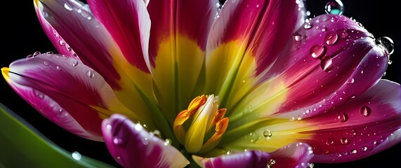 Bright hued tulip petals highlighted with shimmering water droplets in detailed close macro shot