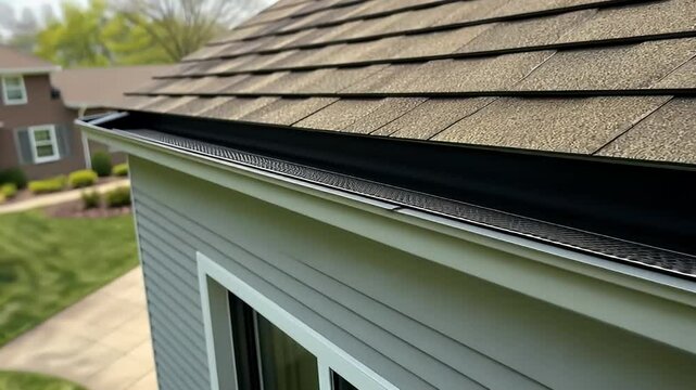 Detailed Perspective of a Residential Gutter System on a House Roof with a Brown Shingled Roof and a Black Gutter Guard for Debris Protection