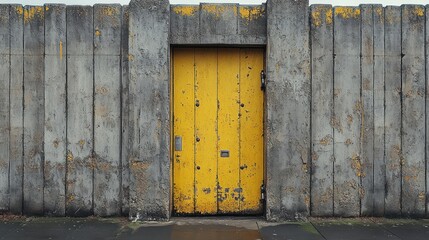 A Solitary Yellow Door in a Grey Concrete Wall: Urban Texture and Contrast