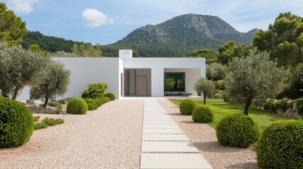 Fototapeta premium Garden with gravel paths and geometric bushes frames a white minimalist home