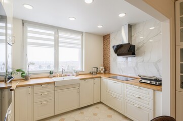 interior apartment kitchen and dining room, refectory area, cooking equipment, table furniture, stove