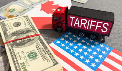 Tariff War shipping, trade and commerce concept with USA dollars, truck 