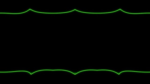 Appearing and disappearing horizontal long glowing lines, square horizontal frame with moving neon light effect, green frame. Blank black space for your own content in the middle.