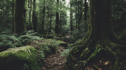 A peaceful path meanders through a dense forest, its ancient trees covered in vibrant green moss, and ferns blanketing the ground creating a serene atmosphere.