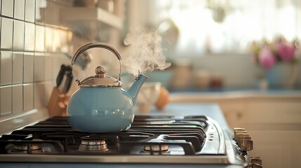 Morning steam: a calming kitchen scene with a vintage blue kettle